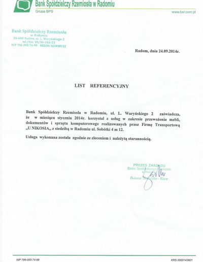 list referencyjny banku spółdzielczego w radomiu